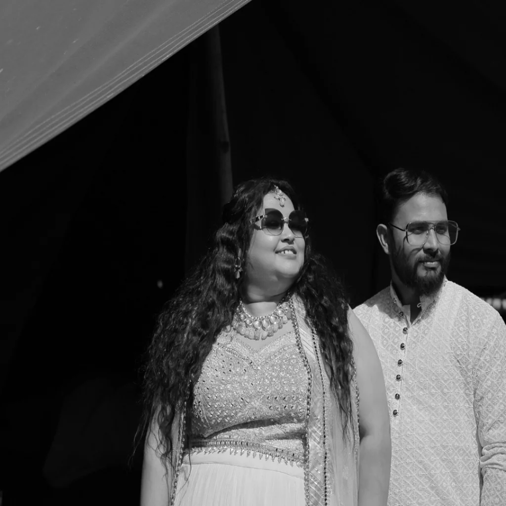 Monochrome desert tent pre-wedding couple portrait by Wedding Shedding